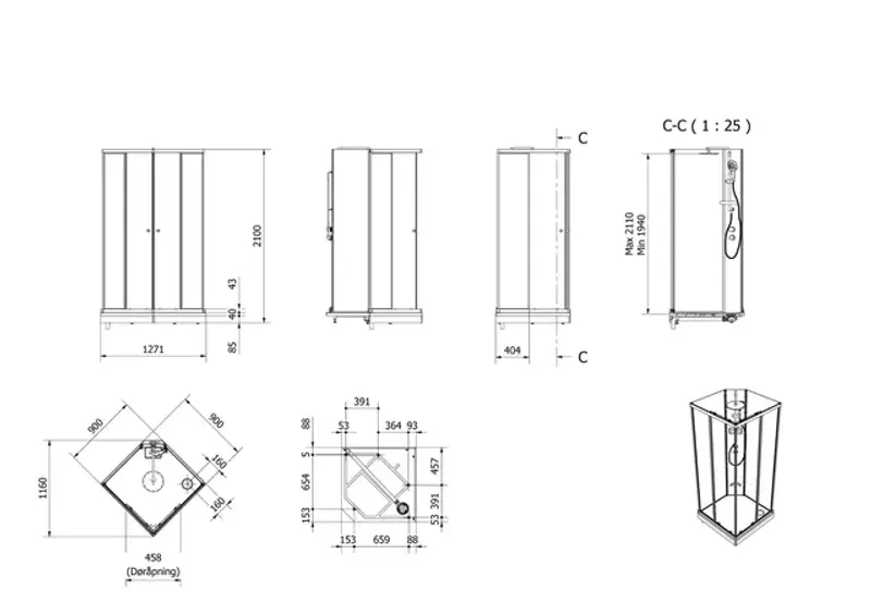 VikingBad Dusjkabinett SOFIA rett pluss 90x90 90x90x210cm sort s