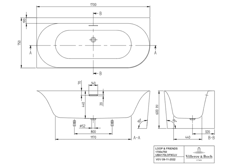 Villeroy & Boch Loop & Friends Bak-til-vegg-bad OVAL, 1700 x 750