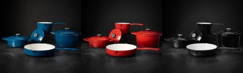 Nordic Refined sine støpejernsgrytesett i tre forskjellige farger, rød, blå og svart